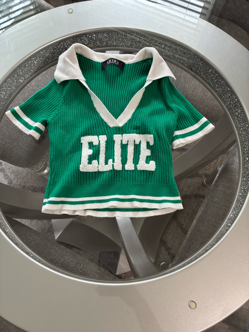 AKIRA Green and White 'ELITE' Ribbed Polo Crop Top